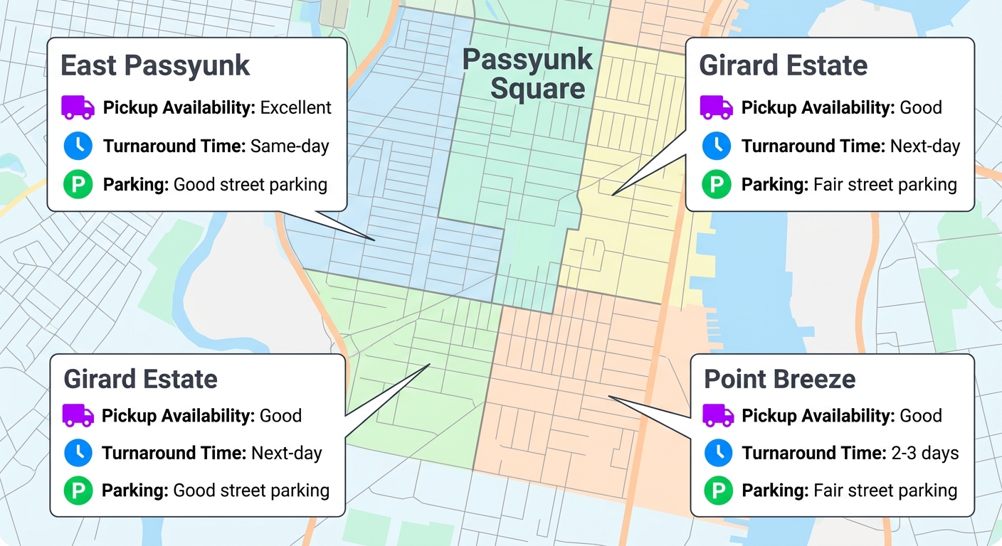 Infographic map of four South Philthy neighborhoods showing laundry service access levels with icons for pickup, turnaround time, and parking