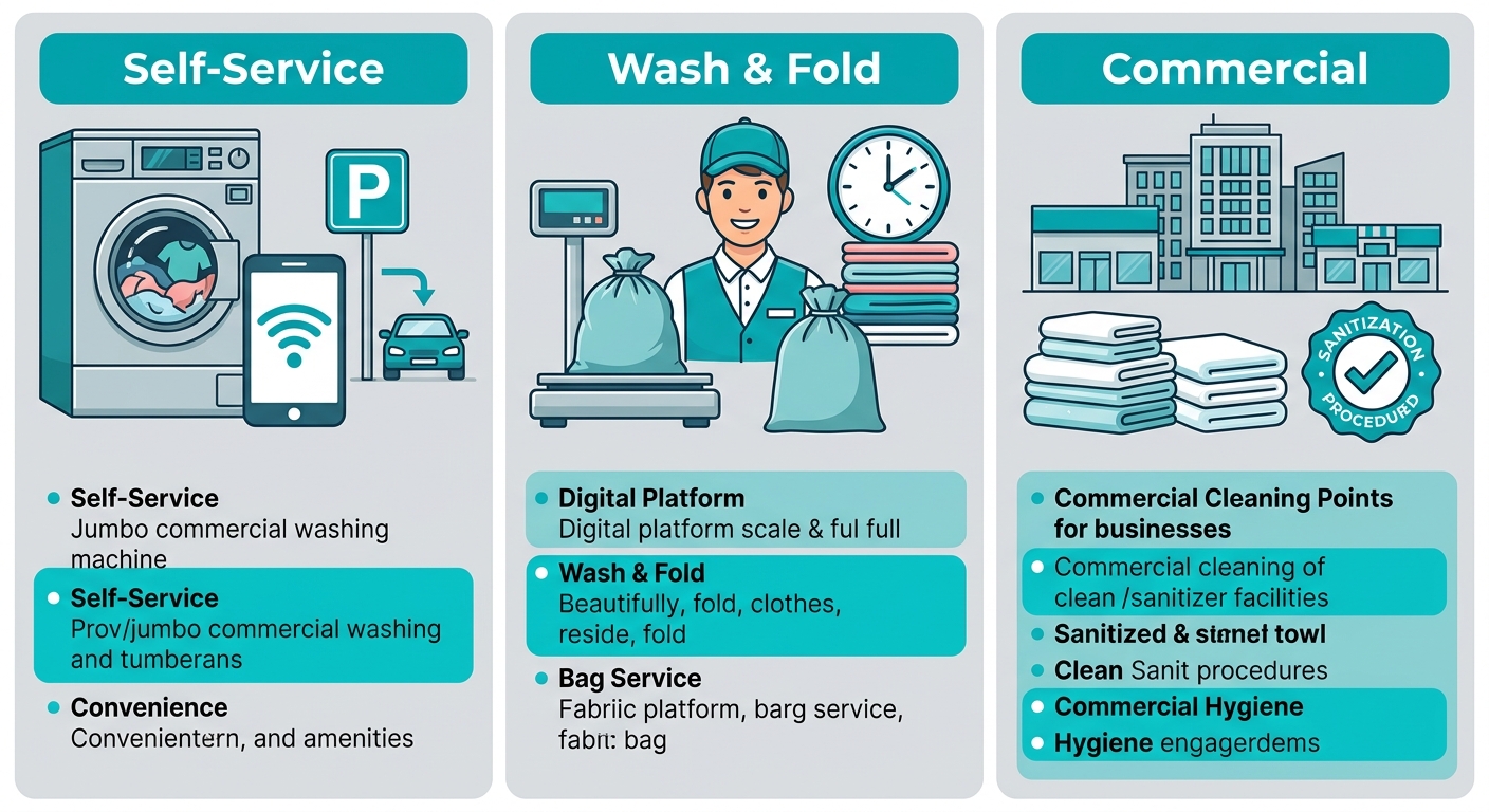 Visual comparison of three laundry service options at Laundry Time Eastwick: Self-Service with jumbo washer and WiFi, Wash & Fold with scale and clock, and Commercial with towels and sanitization badge