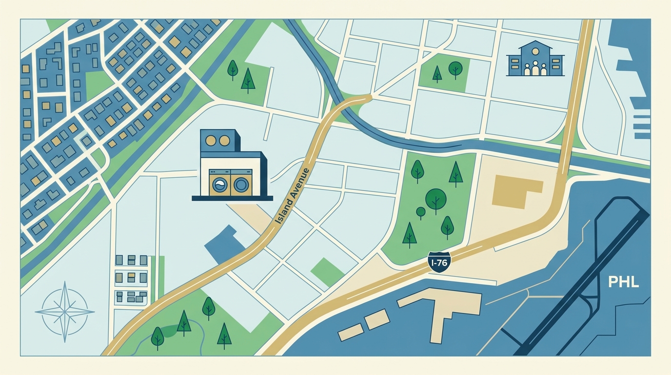 Minimalist map infographic of Eastwick Philadelphia neighborhood showing Laundry Time location with surrounding landmarks and streets
