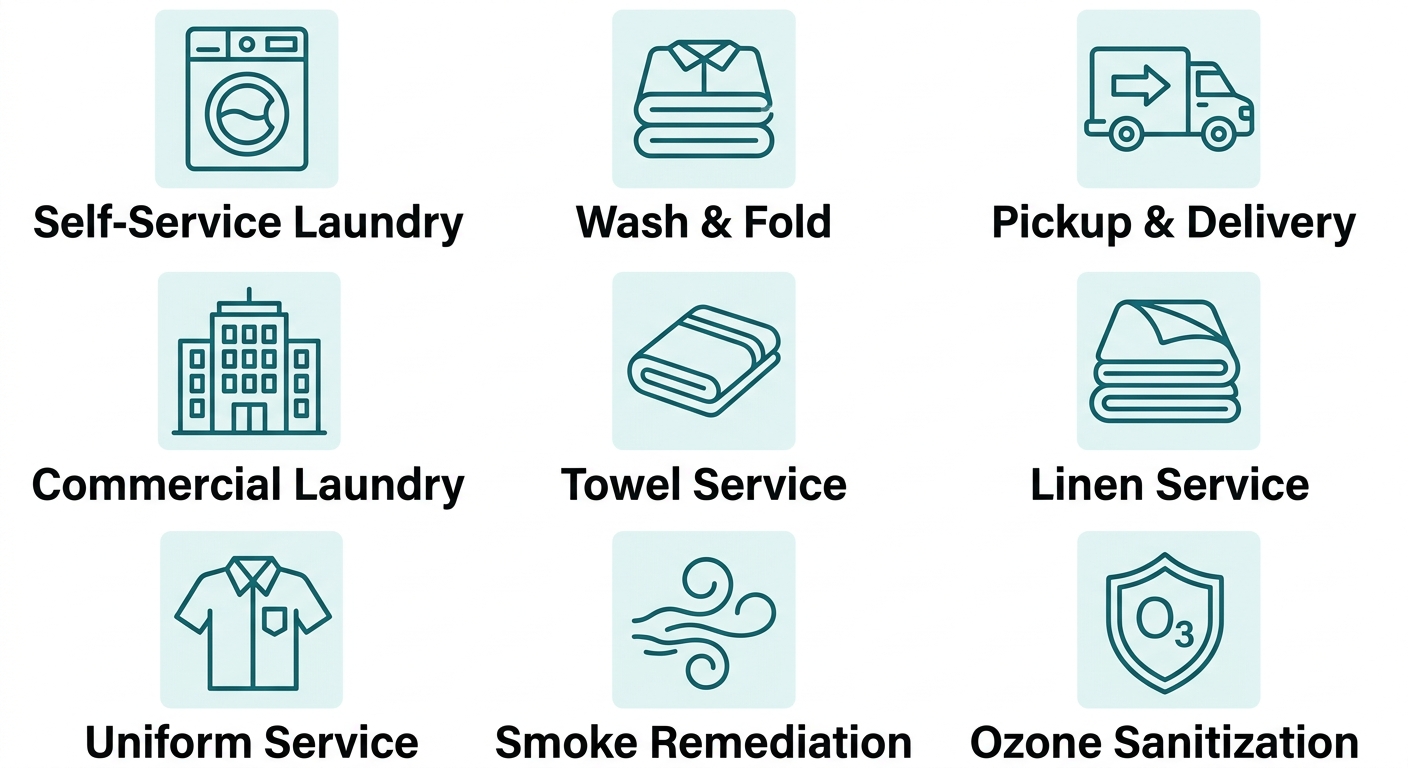 Grid of 9 service icons for Laundry Time Eastwick comprising self-service laundry, wash & fold, pickup & delivery, commercial laundry, towel service, linen service, uniform service, smoke remediation, and ozone sanitization. Each icon has a dark gray label below.