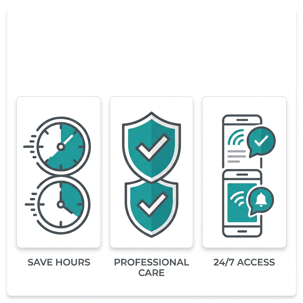 Three benefits icons: clock for time savings, shield with checkmark for professional care, smartphone for 24/7 access