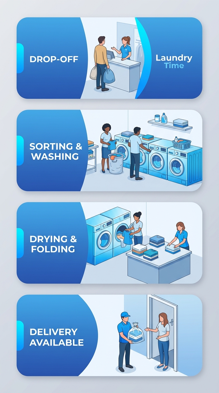 Process flow diagram showing four stages of a wash and fold service from drop-off to pickup or delivery.