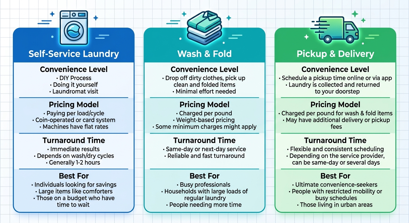 Three-column comparison of self-service laundry, wash and fold, and pickup and delivery services with icons and attribute labels.