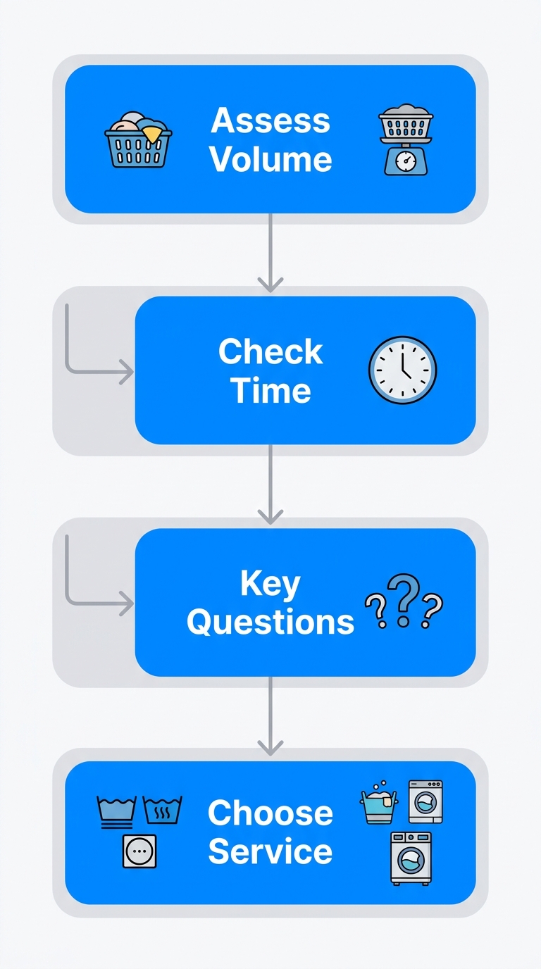Vertical flowchart showing four stages to choose the right laundromat service: assessing laundry volume, checking time constraints, asking key questions about jumbo washers and pricing, and selecting self-service or wash-and-fold.