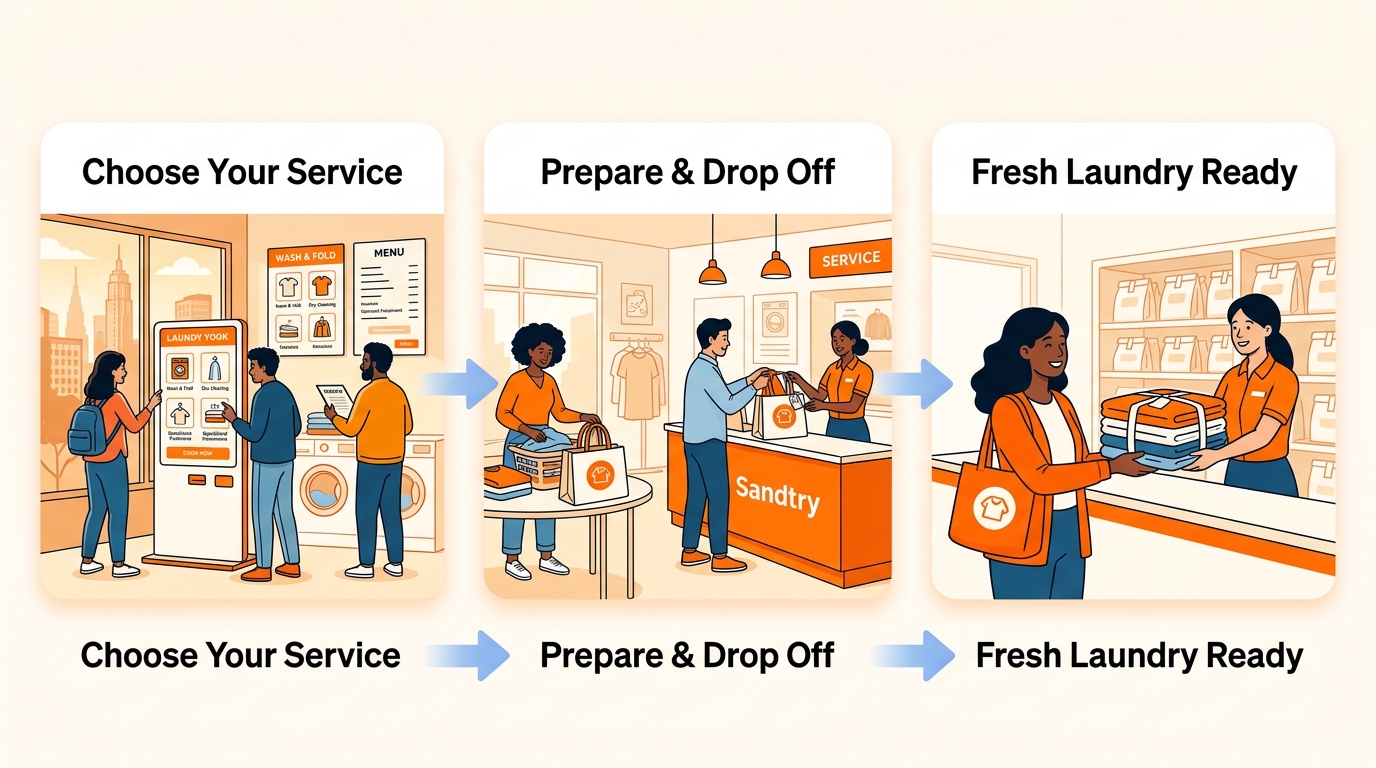 Three stage horizontal process flow showing the laundry service journey at Laundry Time in West Philadelphia: choose your service, prepare and drop off, fresh laundry ready