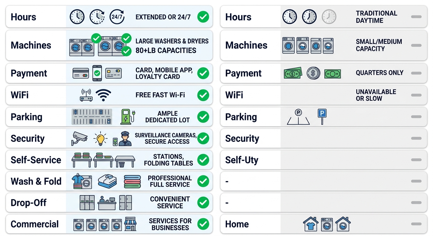 Comparison infographic showing amenities of a 24-hour mega laundromat versus a standard coin-operated laundromat