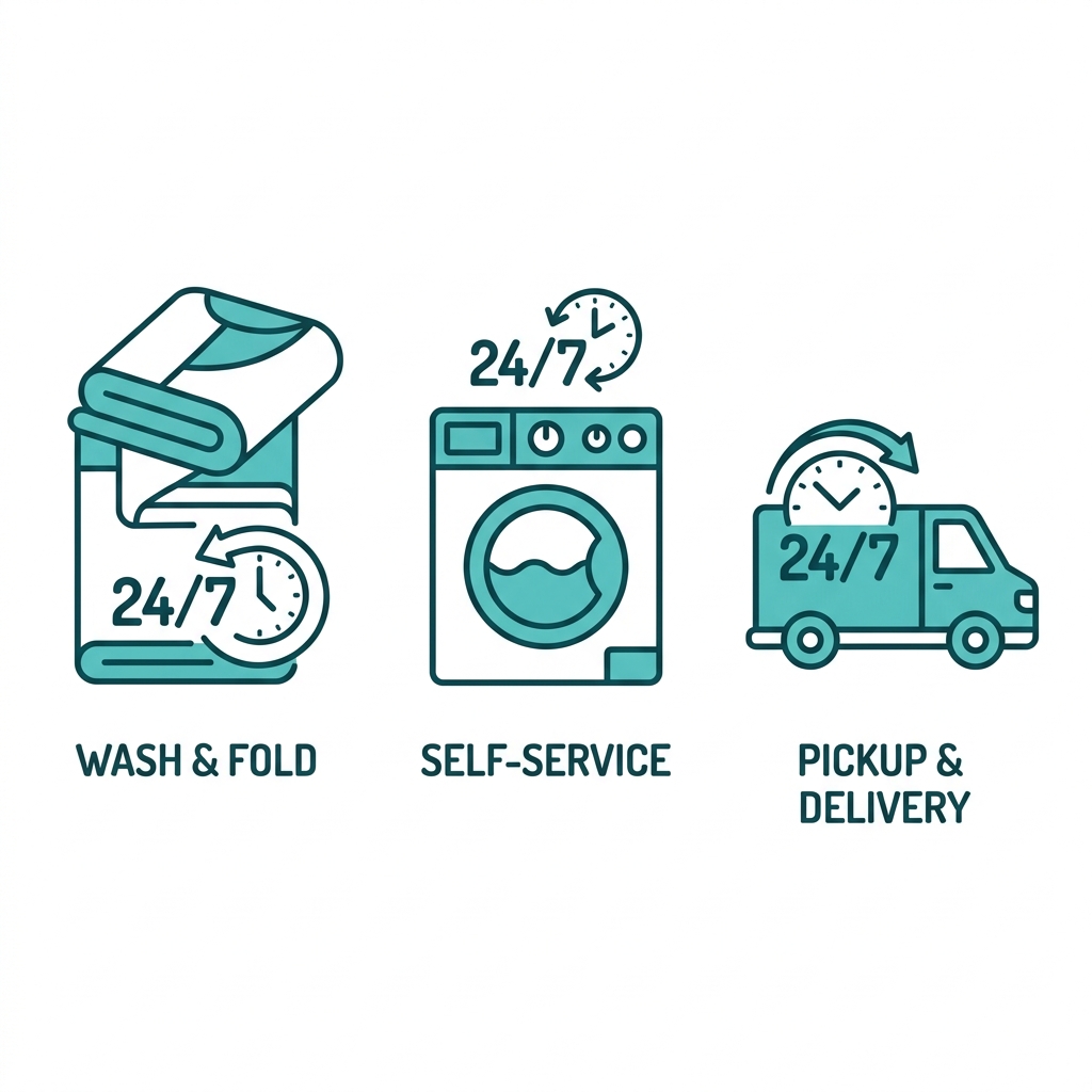 Icon set showing three laundry service options: wash and fold, self-service, and pickup and delivery