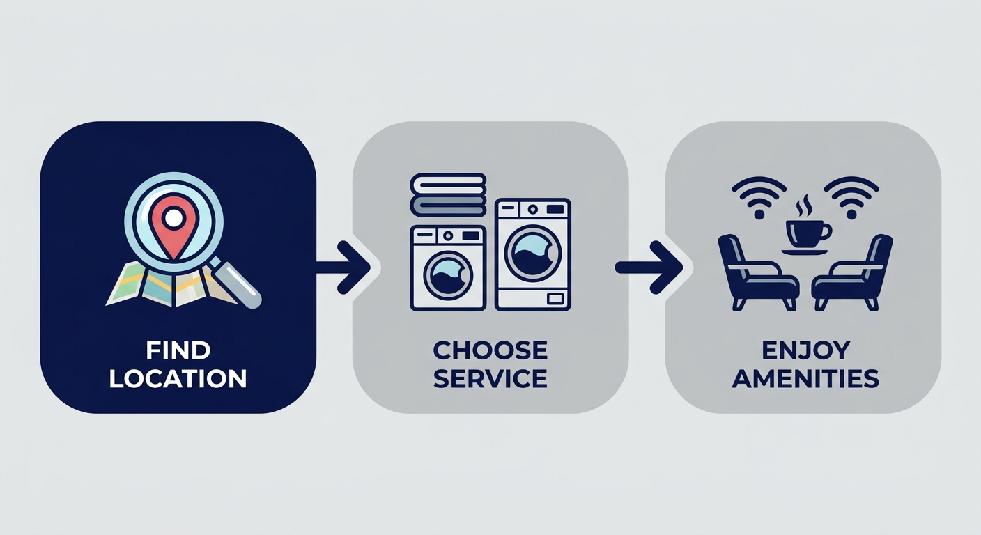 Three-step process flow for first visit at Laundry Time: locate your nearest location, choose your service, and enjoy free amenities and ozone sanitization