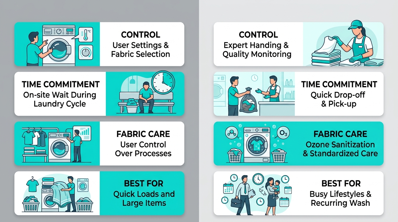 Two-column comparison infographic showing Self-Service vs Professional Wash and Fold laundry options with four rows comparing control, time commitment, fabric care, and best use scenarios