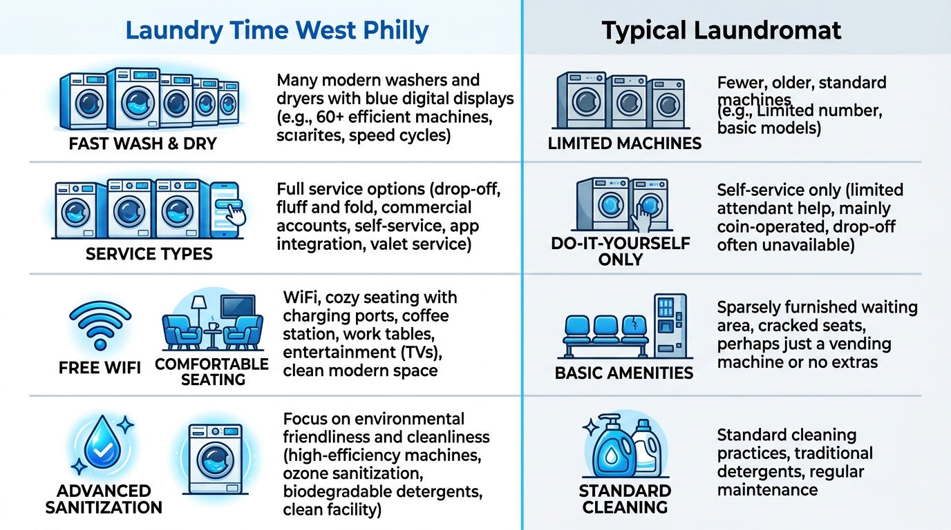 Comparison infographic showing Laundry Time West Philly features versus a typical laundromat across four categories: machine count, service types, amenities, and eco sanitization.