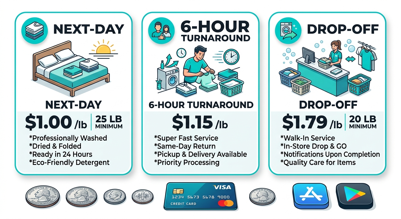 Infographic showing three Wash & Fold service tiers with prices and minimums, plus payment methods