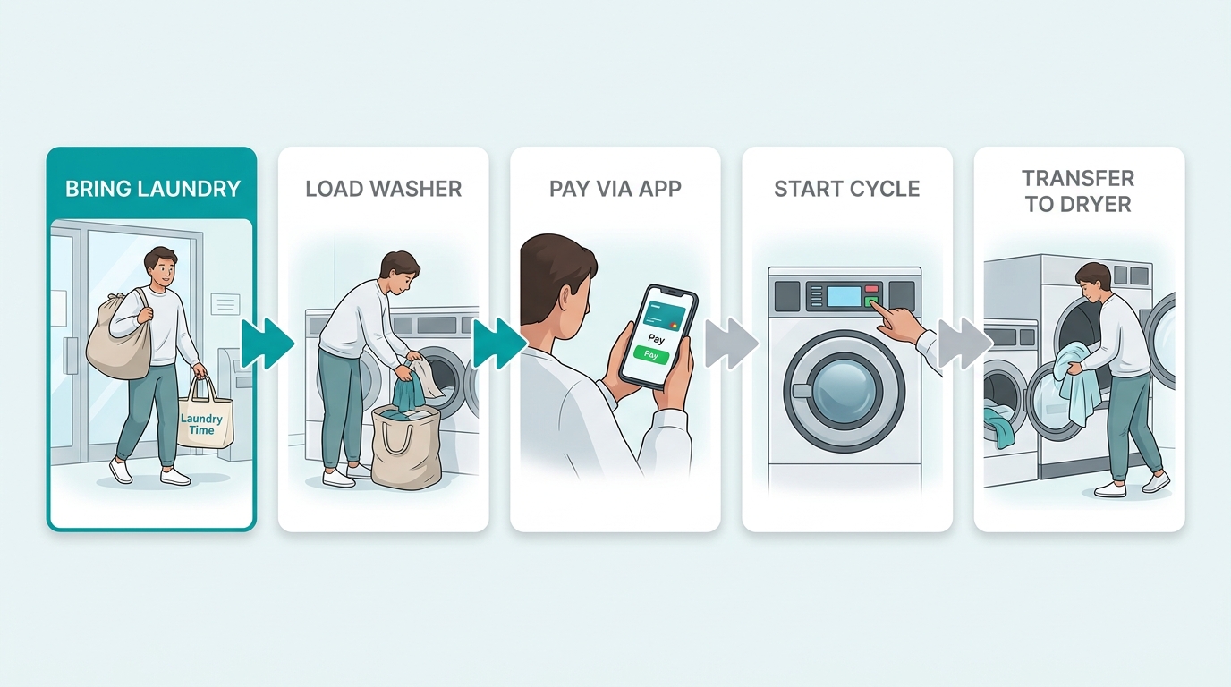 Five-step horizontal process flow illustrating the coin laundry journey at Laundry Time, from bringing laundry to transferring to the dryer.