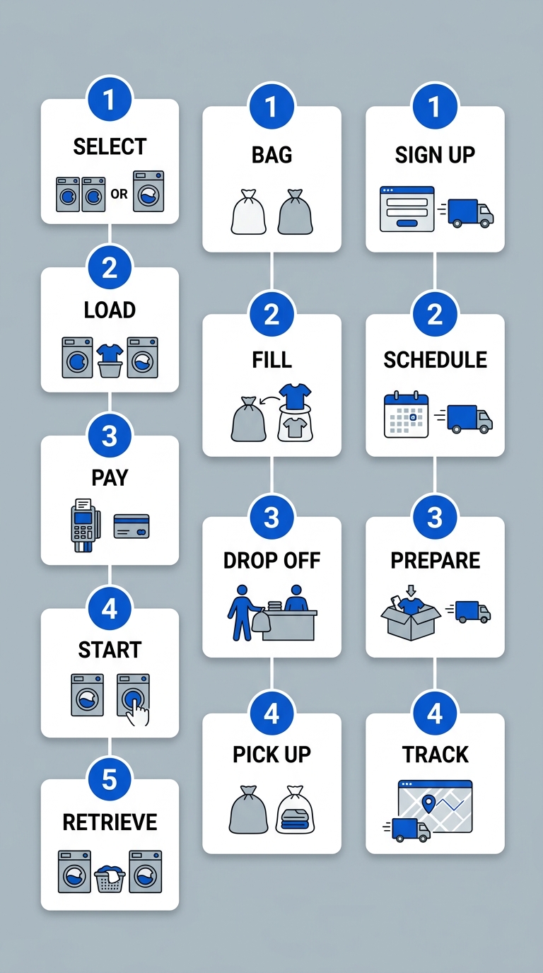Three vertical process flow branches for Laundry Time services: Self-Service, Wash & Fold Drop-Off, and Pickup & Delivery, each with numbered steps and icons.