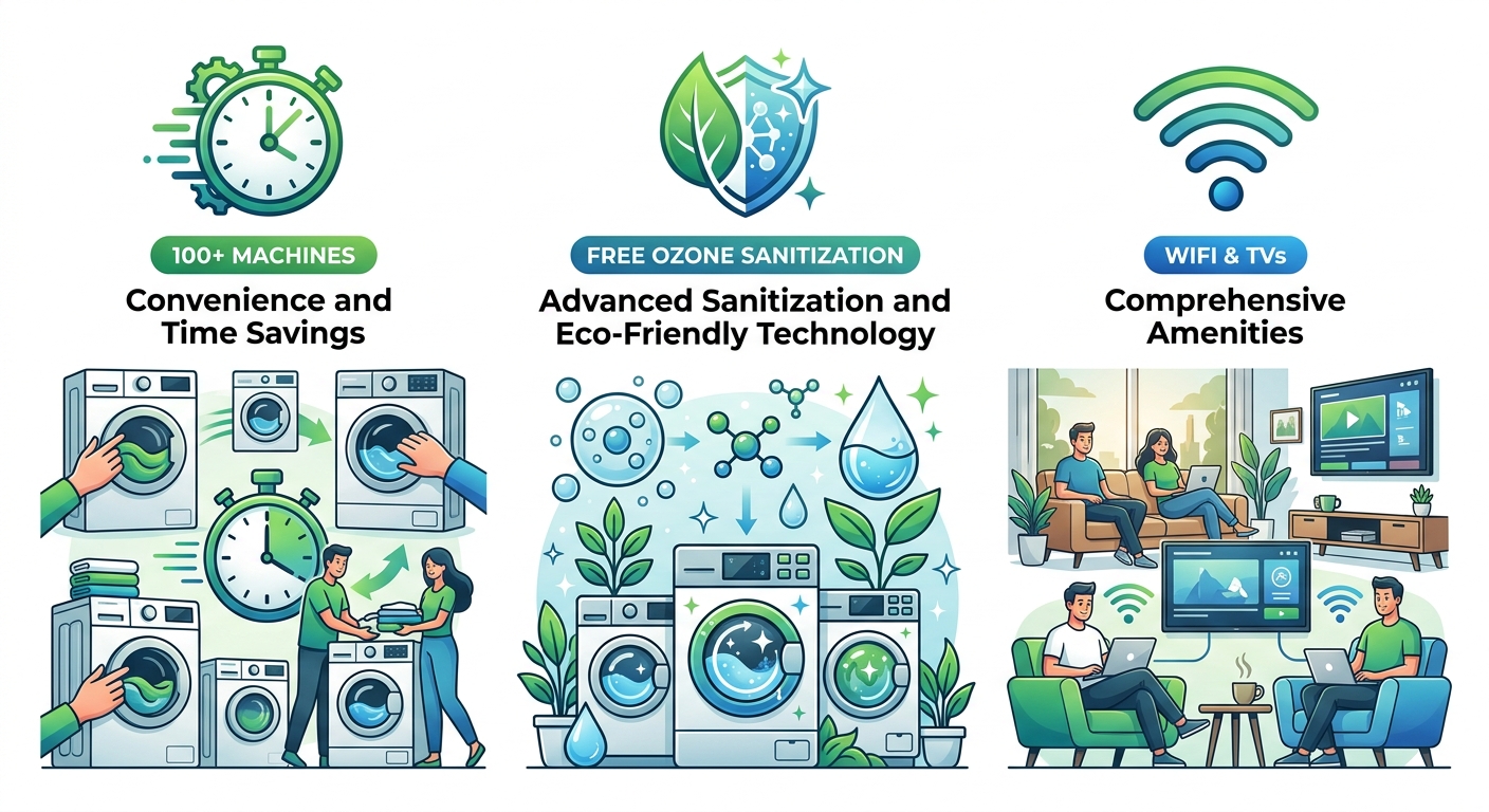 Infographic displaying three benefits of Laundry Time modern laundromat: Convenience and Time Savings with clock icon, Advanced Sanitization and Eco-Friendly Technology with leaf icon, and Comprehensive Amenities with WiFi and TV icon.
