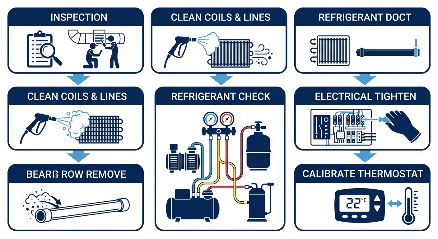 Vertical diagram showing five stages of professional AC maintenance: inspection, cleaning coils and drain lines, refrigerant check, electrical tightening, and thermostat calibration, with icons and arrows.