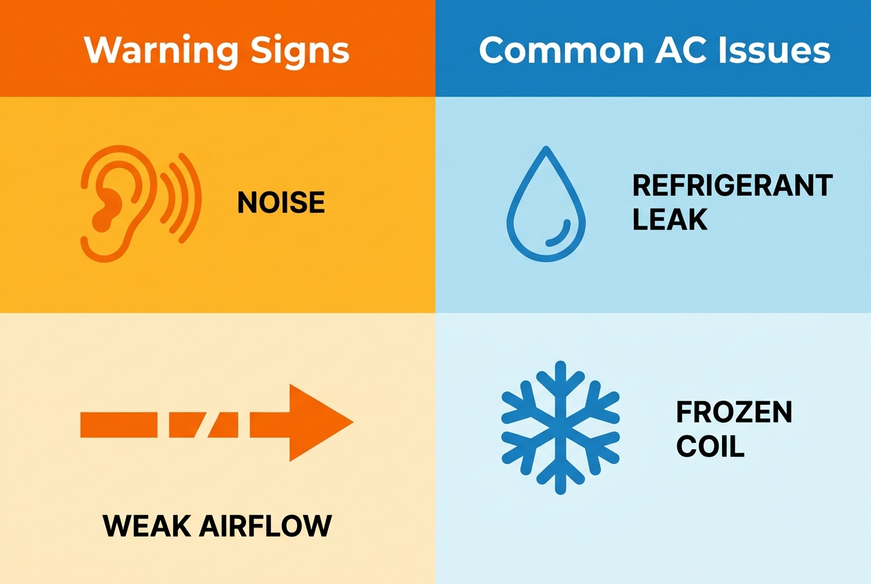 Two-column infographic comparing warning signs and common AC issues with icons and short labels. Warning signs include noise, weak airflow, high bills, and warm air. Common issues include refrigerant leaks, frozen coils, capacitor faults, and clogged drains.