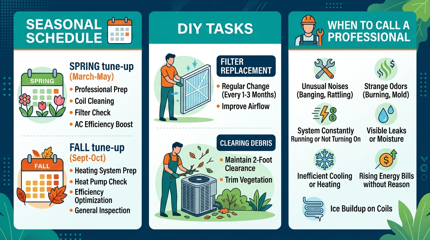 Infographic showing three vertical panels for HVAC maintenance best practices in Central Florida, with seasonal schedule, DIY tasks, and professional service indicators.