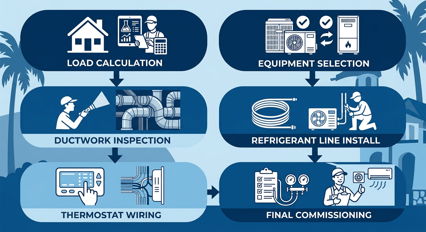 Six-stage vertical process flow diagram for professional HVAC installation in Mount Dora, Florida, showing load calculation, equipment selection, ductwork inspection, refrigerant line installation, thermostat wiring, and final commissioning.