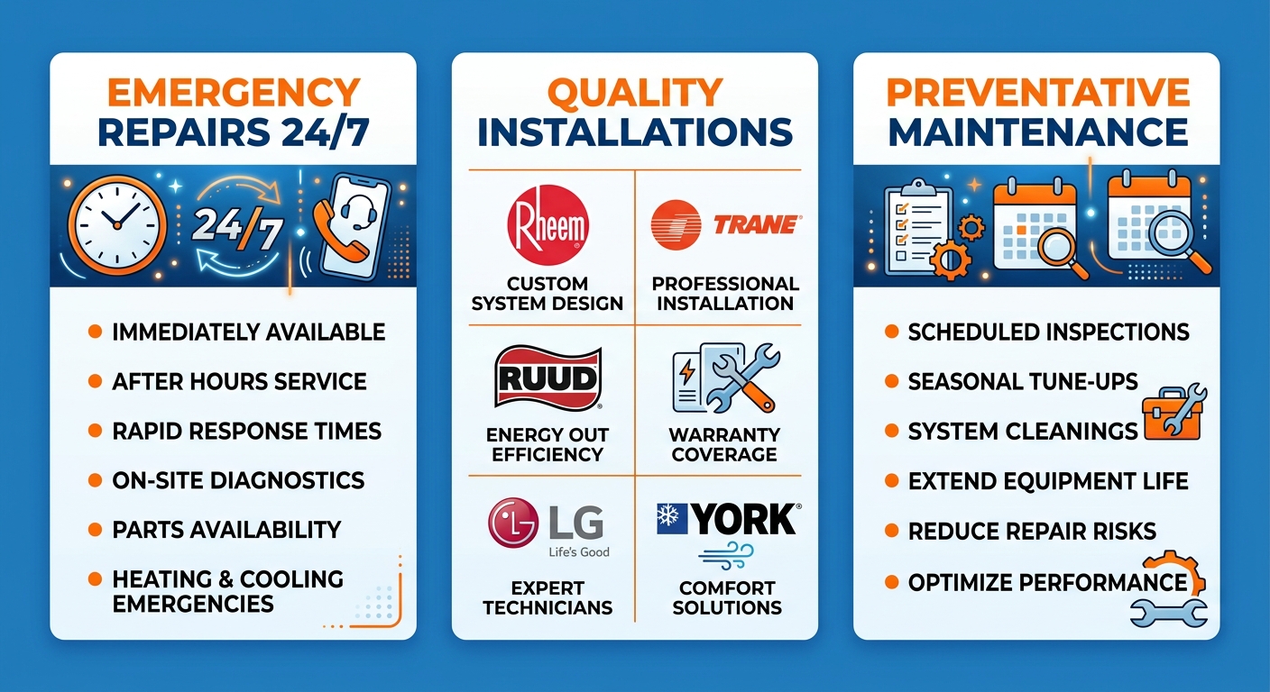 Professional HVAC infographic showing three columns: emergency repairs, quality installations with brand logos, and preventative maintenance