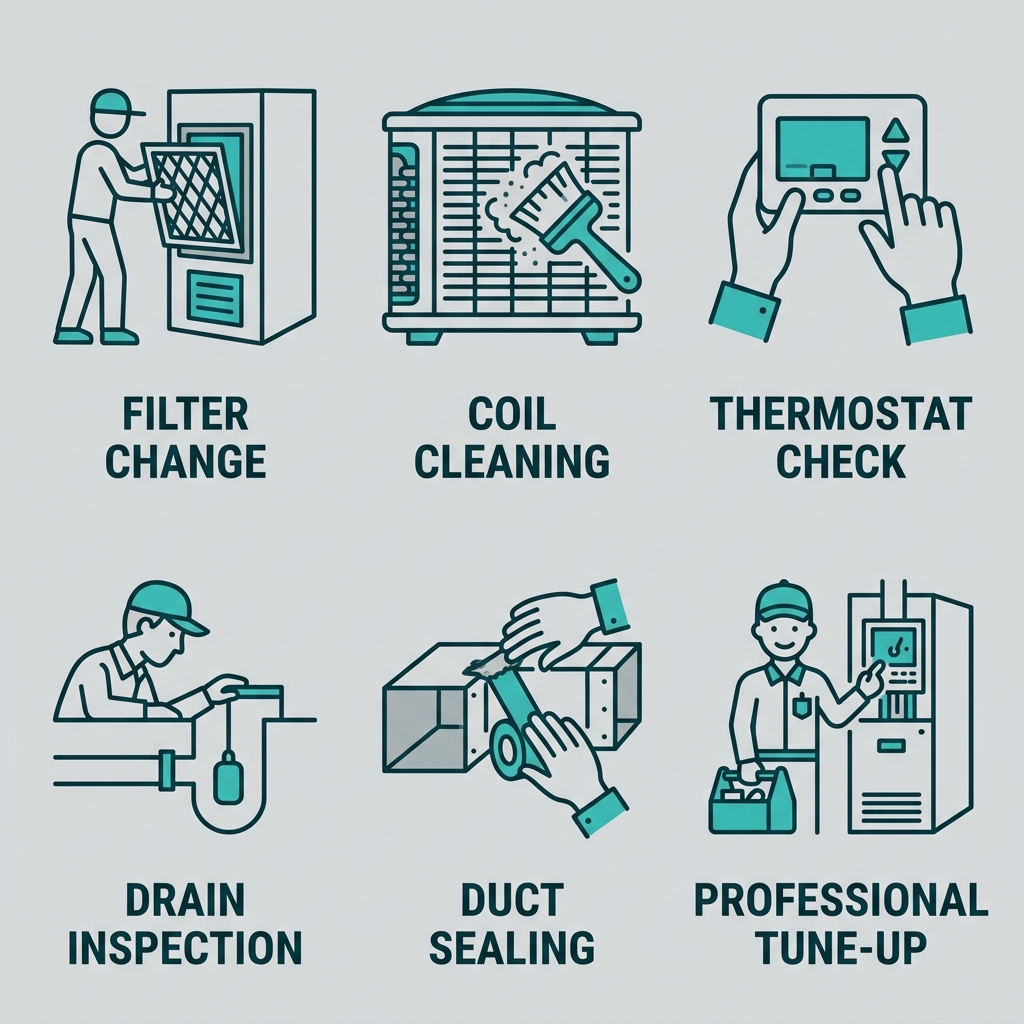 Grid of six HVAC maintenance practice icons