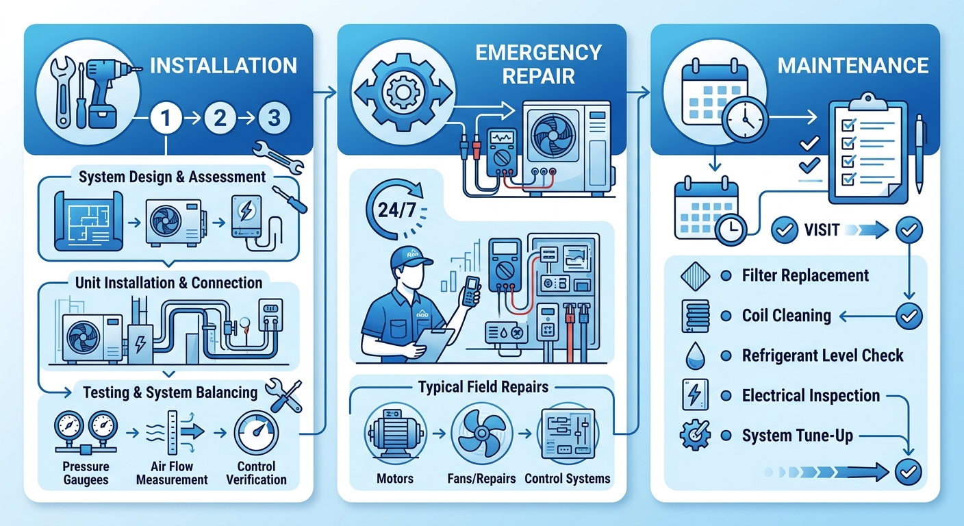 Horizontal process flow showing three HVAC services