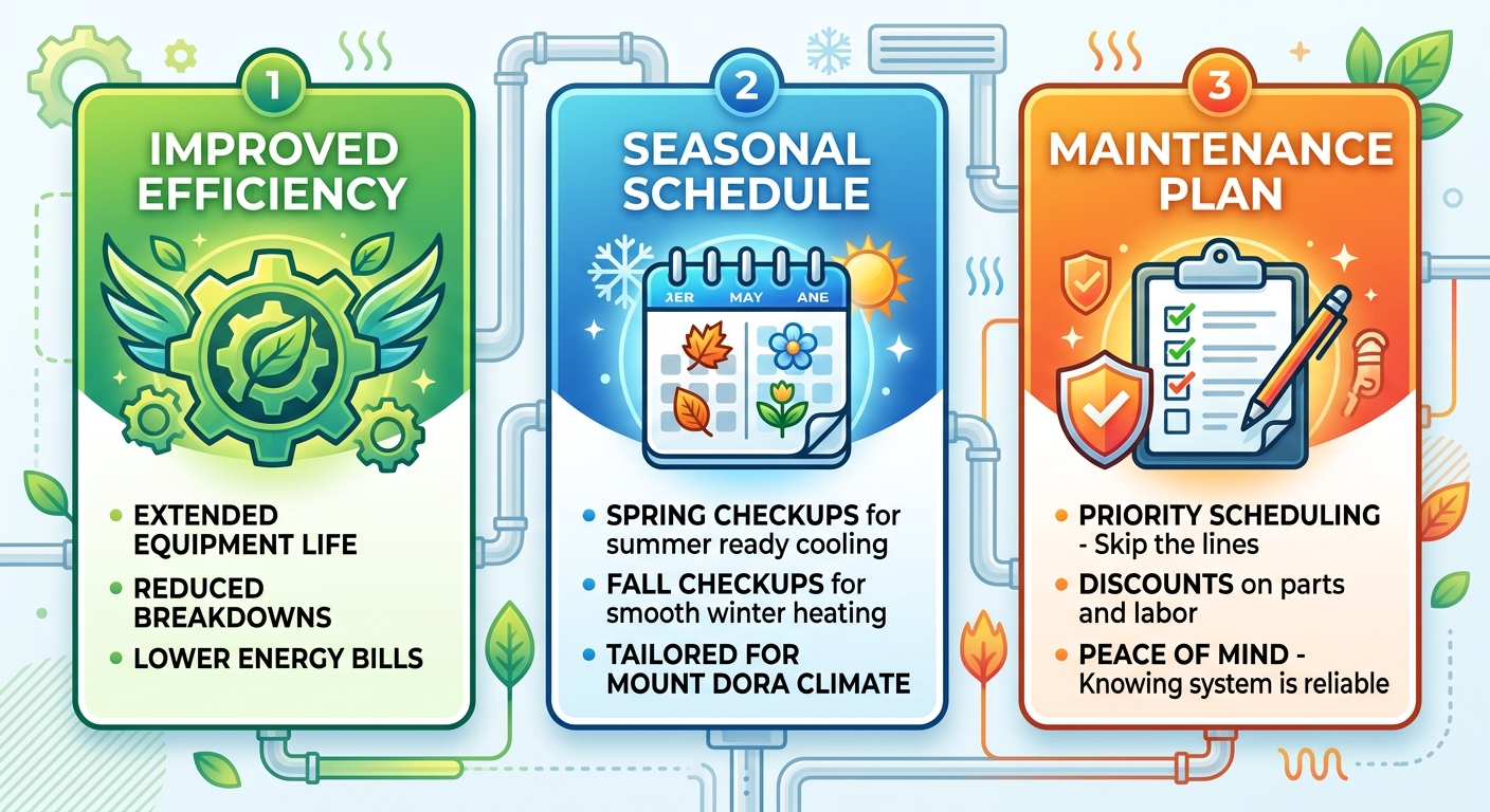 Infographic showing three benefits of professional HVAC maintenance: improved efficiency with gear icon, seasonal schedule with calendar icon, and maintenance plan with clipboard icon