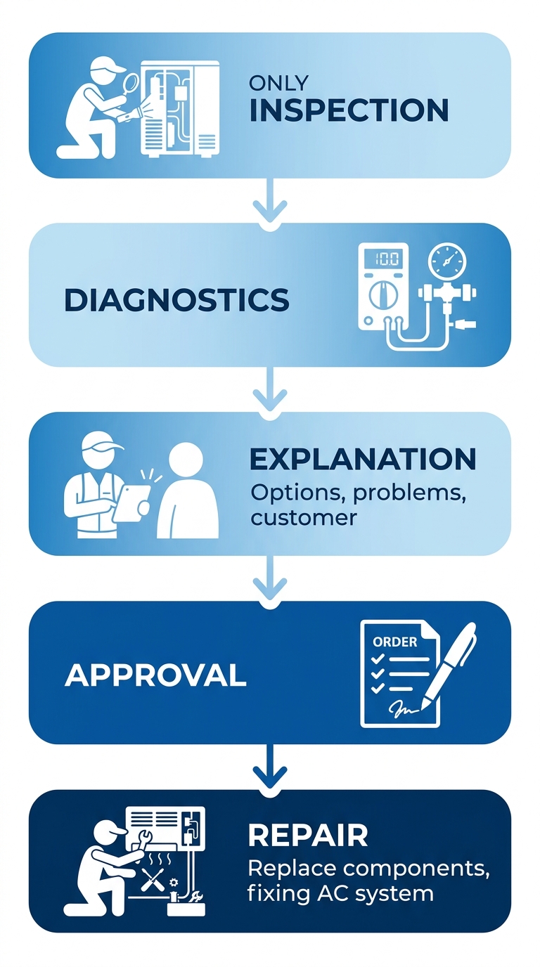 Vertical process flow diagram showing the five stages of a professional HVAC repair visit including inspection, diagnostics, explanation, approval, and repair steps