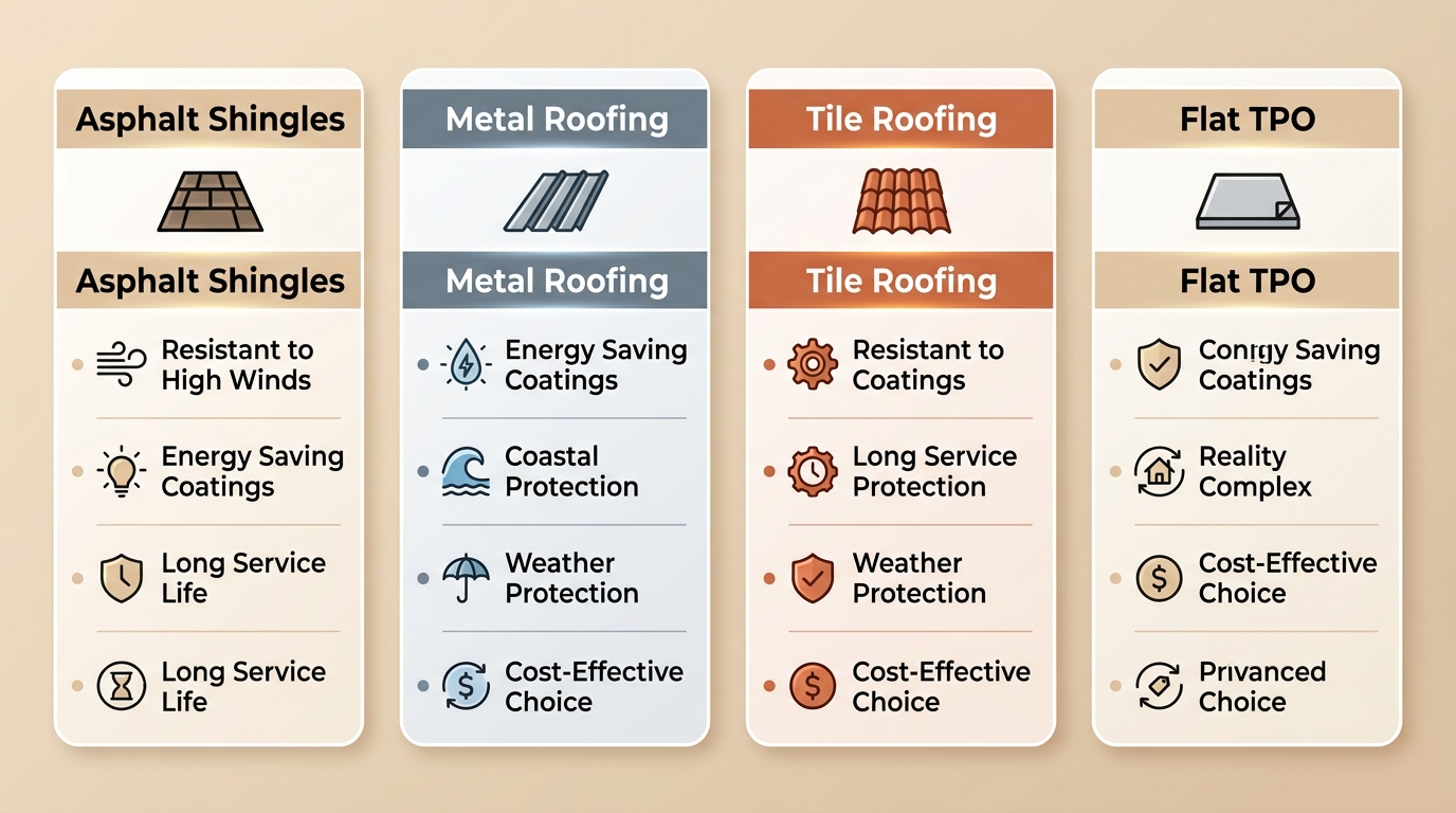 Comparison infographic of four roof replacement materials for Deland: Asphalt Shingles, Metal Roofing, Tile Roofing, and Flat TPO roofing with feature bullets