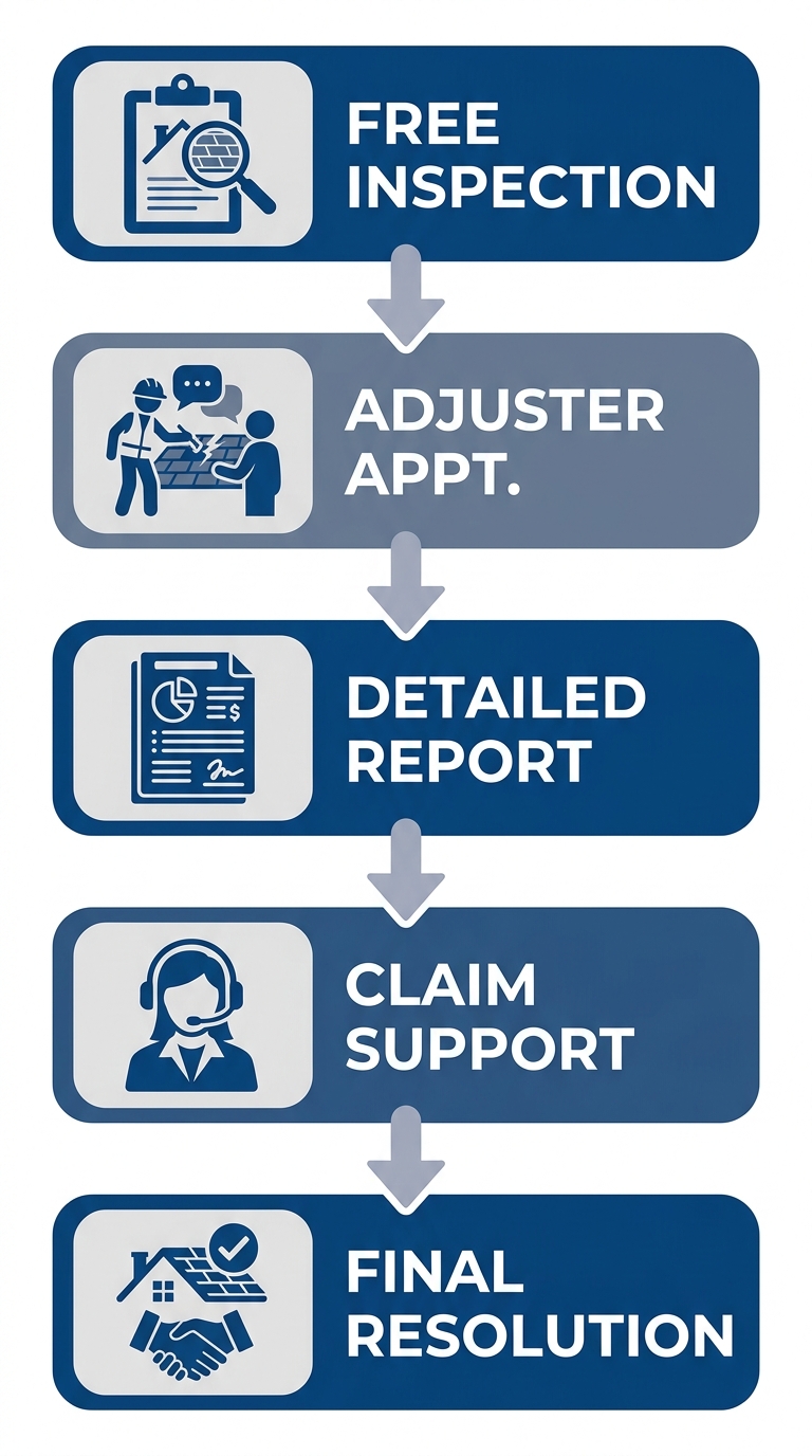Vertical process flow diagram showing five stages of insurance claim guidance from Thomas Roofing, starting with free inspection and ending with final resolution.