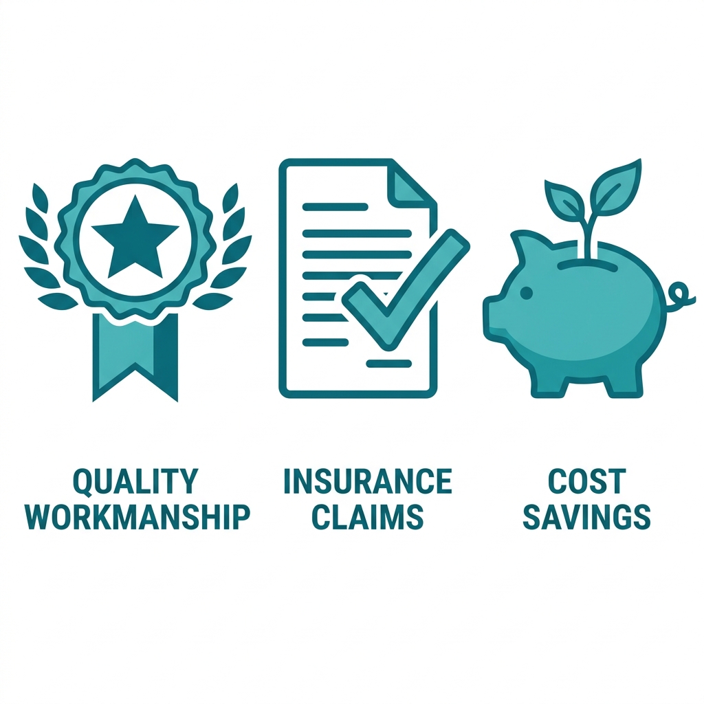 Horizontal grid of three flat icons representing roofing benefits: quality workmanship star badge, insurance claim document with checkmark, long-term cost savings piggy bank with leaf