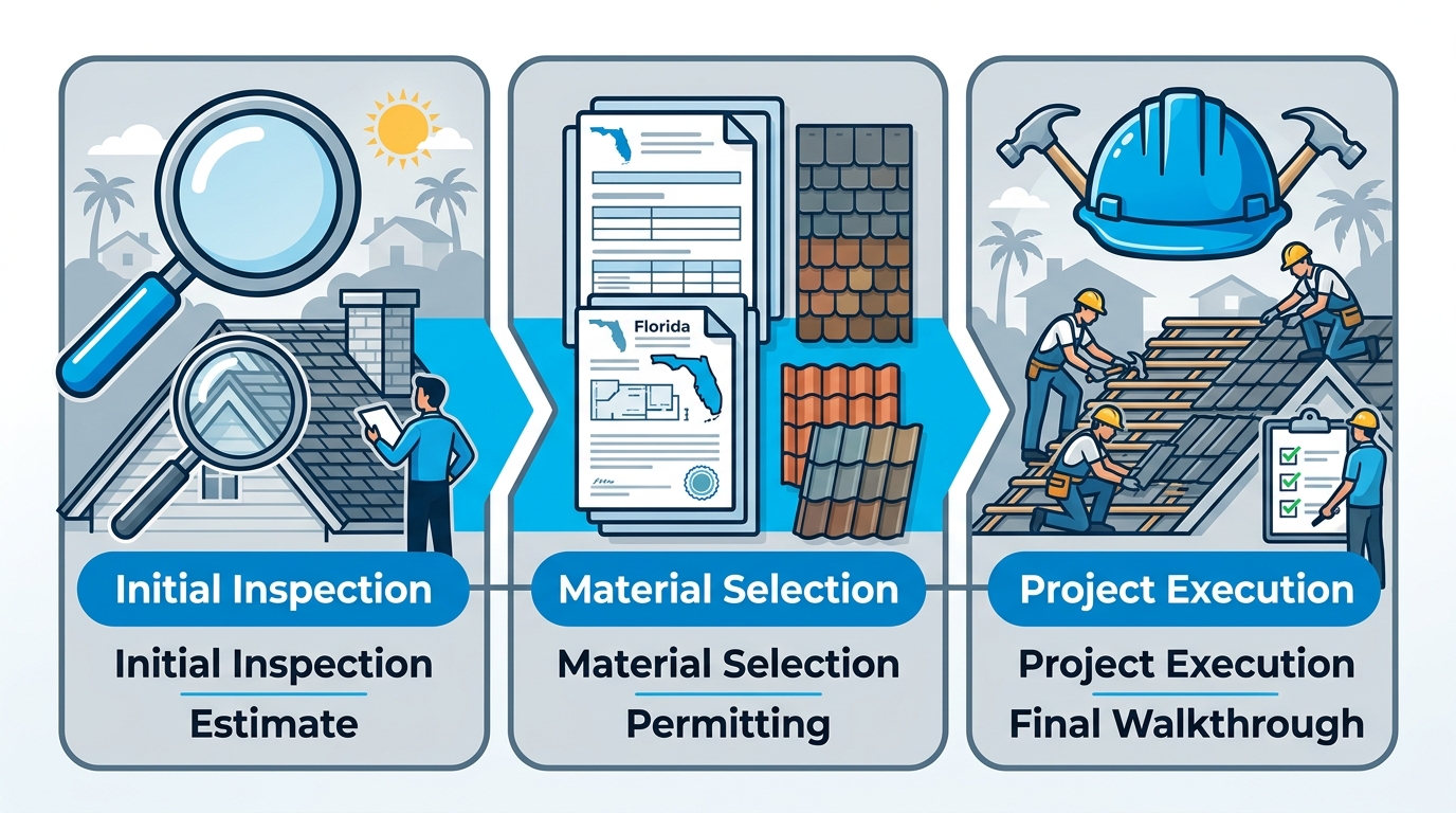 Horizontal process flow showing three stages of a roofing project in Maitland, Florida: inspection, material selection, and project execution