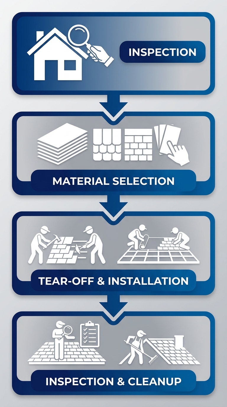 Rounded blue gradient boxes connected by downward arrows showing a four-step roof replacement process: Inspection, Material Selection, Tear-Off and Installation, and Inspection and Cleanup.