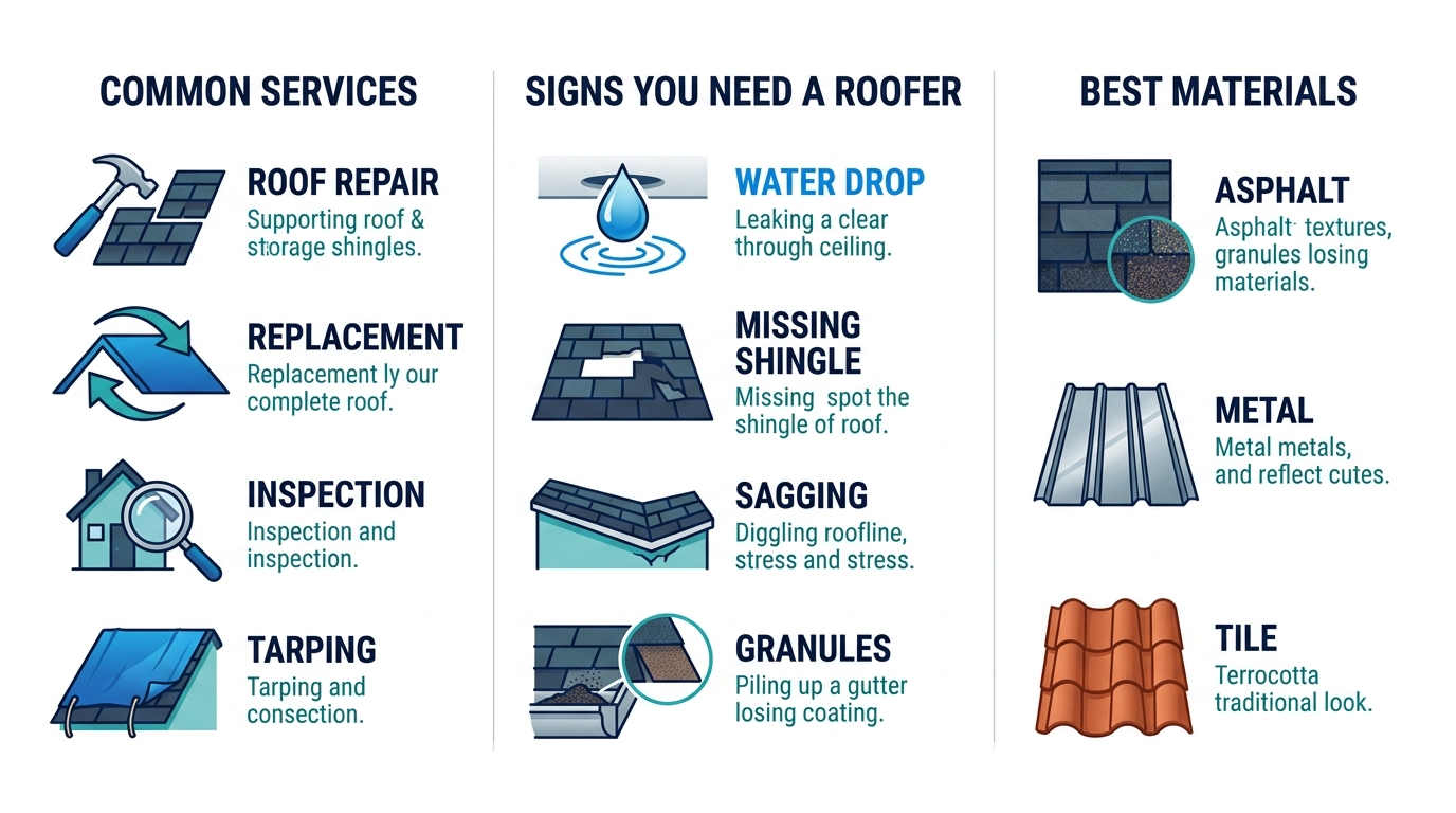 Three-column roofing contractor services infographic comparing common services, warning signs, and best roofing materials