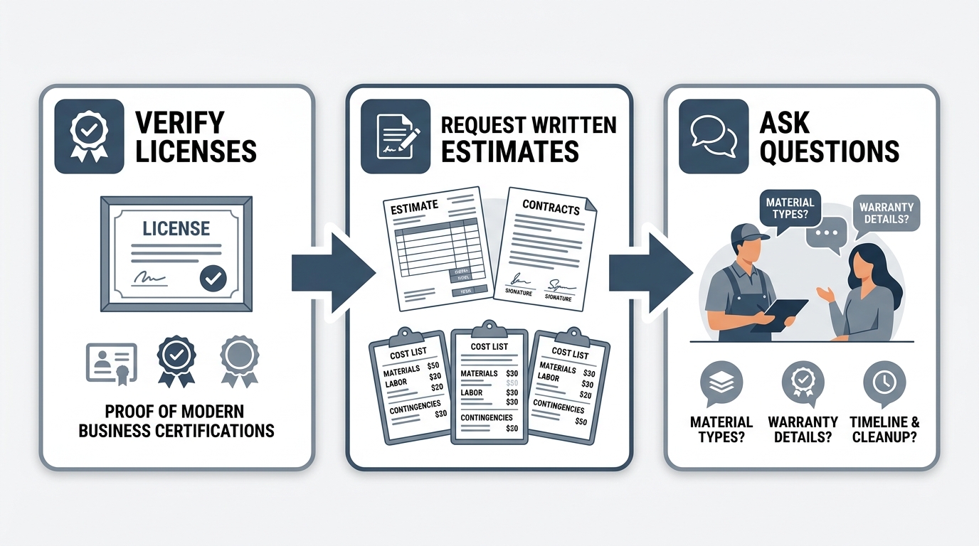Horizontal three-step process for hiring a roofing contractor showing license verification, written estimate request, and key questions to ask