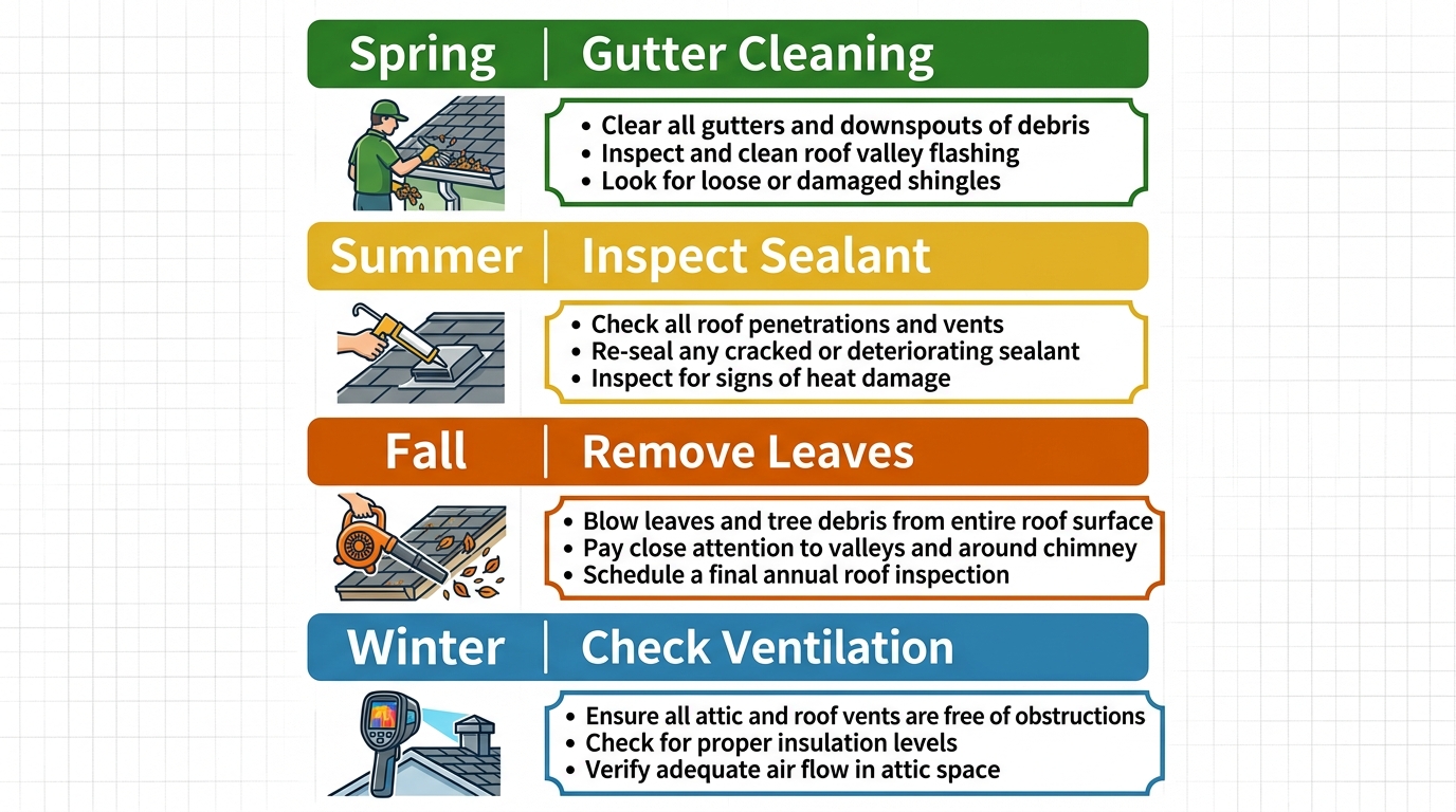 Vertical seasonal roof maintenance timeline with four color-coded stages for spring gutter cleaning, summer sealant inspection, fall leaf removal, and winter ventilation check