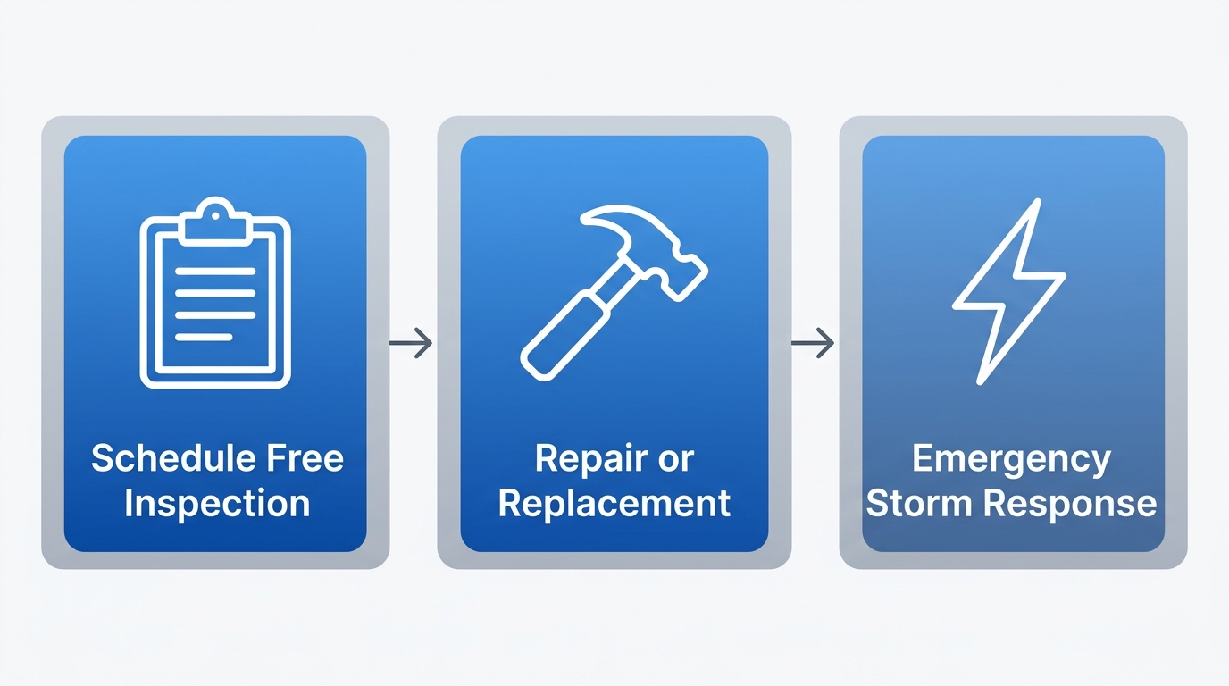 Horizontal process flow diagram showing three roofing stages: schedule free inspection, repair or replacement, and emergency storm response with connecting arrows and blue gradient cards.