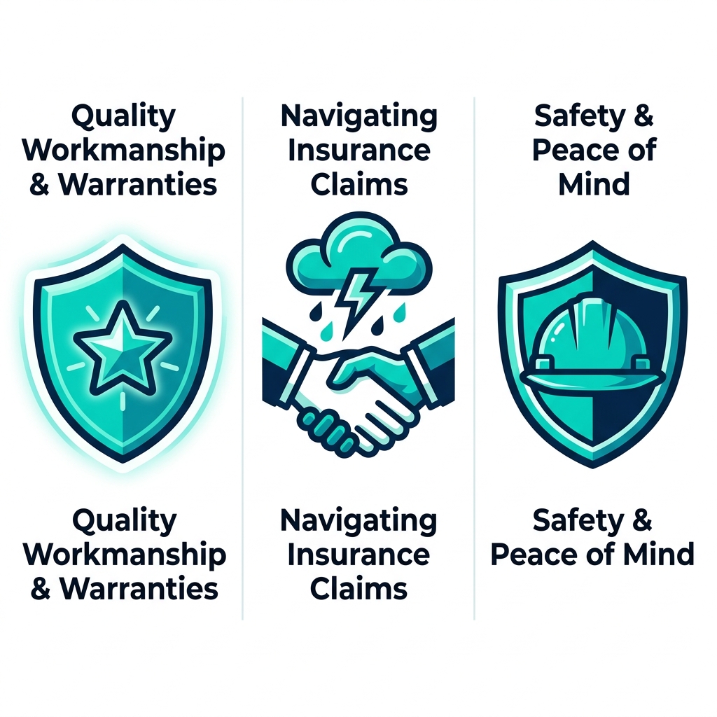 Three-column icon set for roofing contractor benefits: quality workmanship and warranties, insurance claims navigation, safety and peace of mind