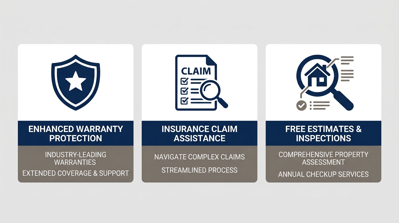 Infographic showing three benefits of hiring a professional roofing contractor in Titusville, Florida: warranty protection with shield icon, insurance claim assistance with document icon, and free estimates with annual inspections using a magnifying glass over a house icon.