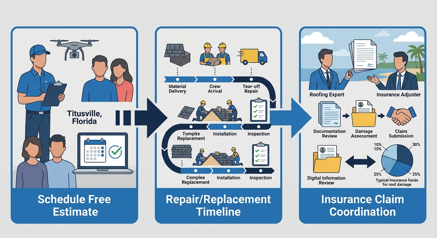 Three-stage process flow showing roofing services: schedule free estimate, repair timeline, and insurance claim coordination in Titusville Florida