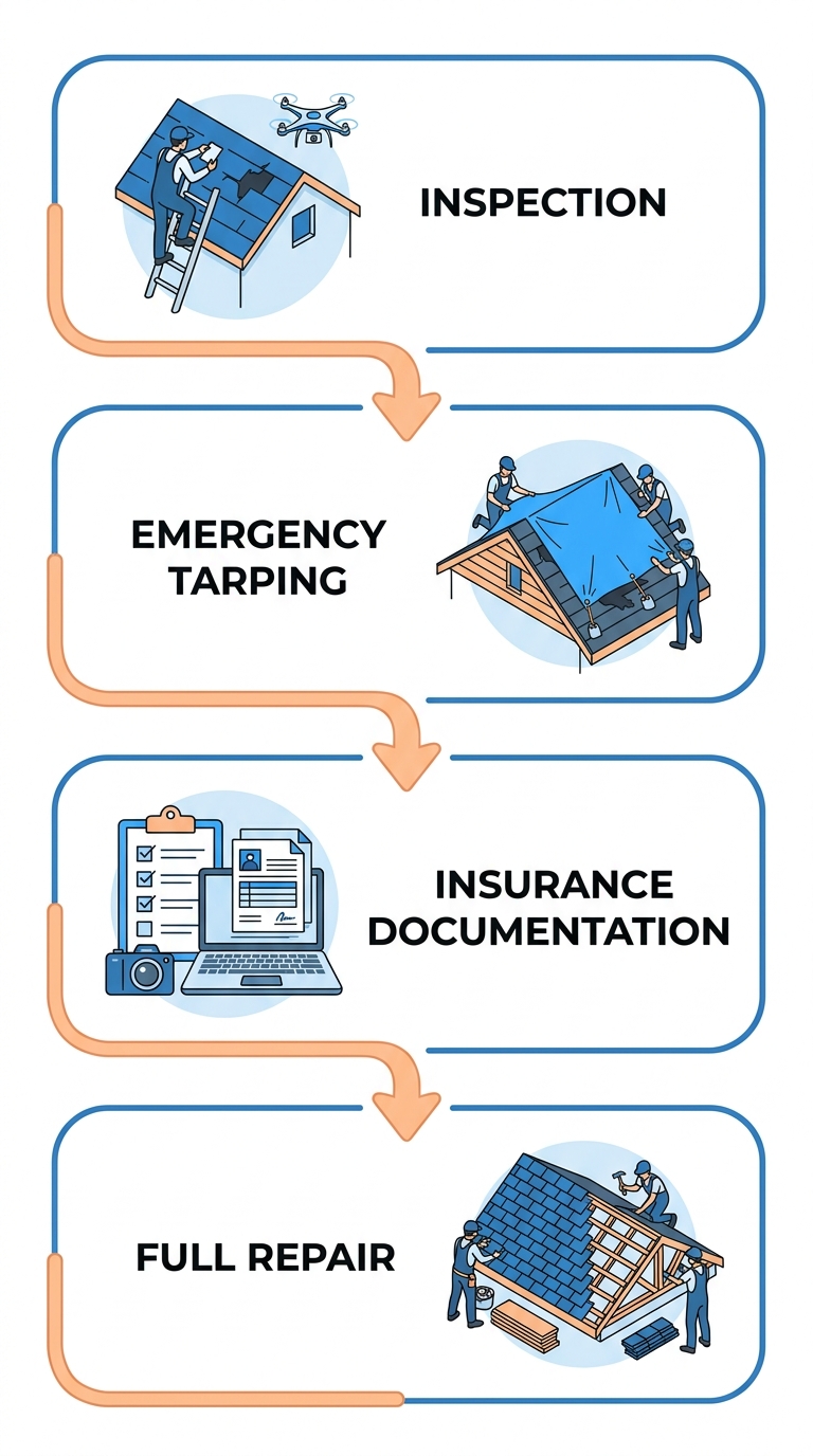 Vertical process flow diagram showing four steps for storm damage roof repair: Inspection, Emergency Tarping, Insurance Documentation, and Full Repair, using blue and orange accents.