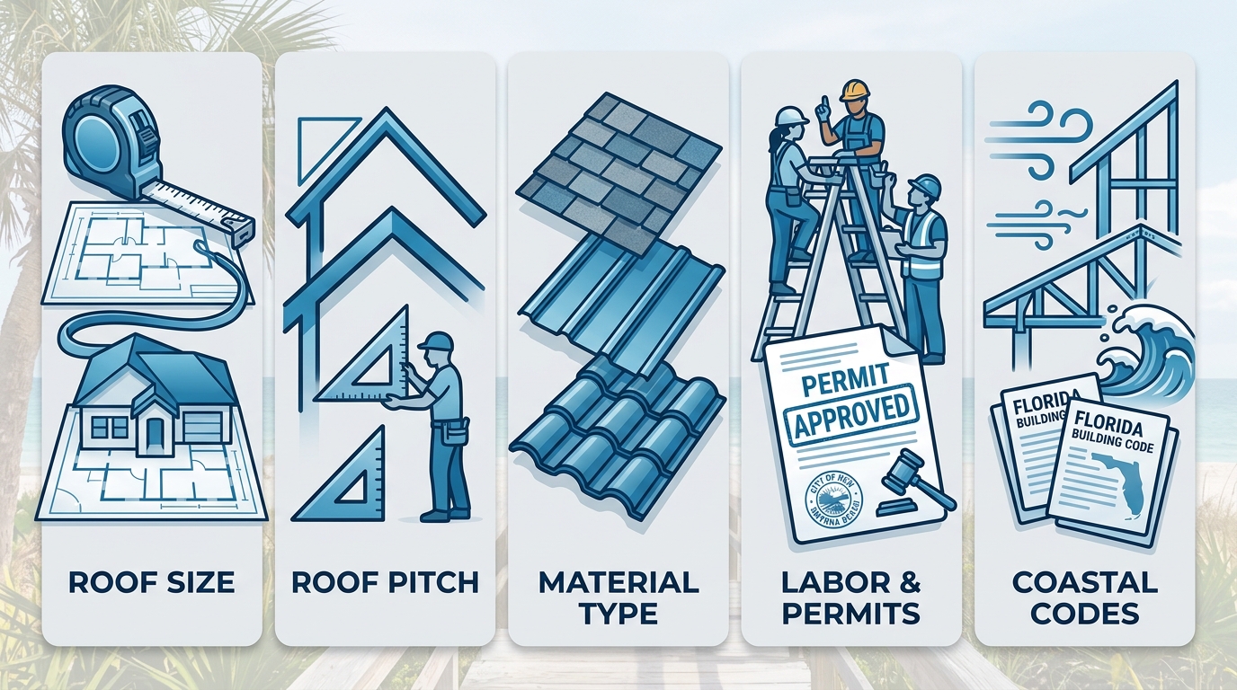 Infographic illustrating five factors affecting roof replacement costs in New Smyrna Beach, Florida: roof size, pitch, material type, labor and permits, and coastal building codes.