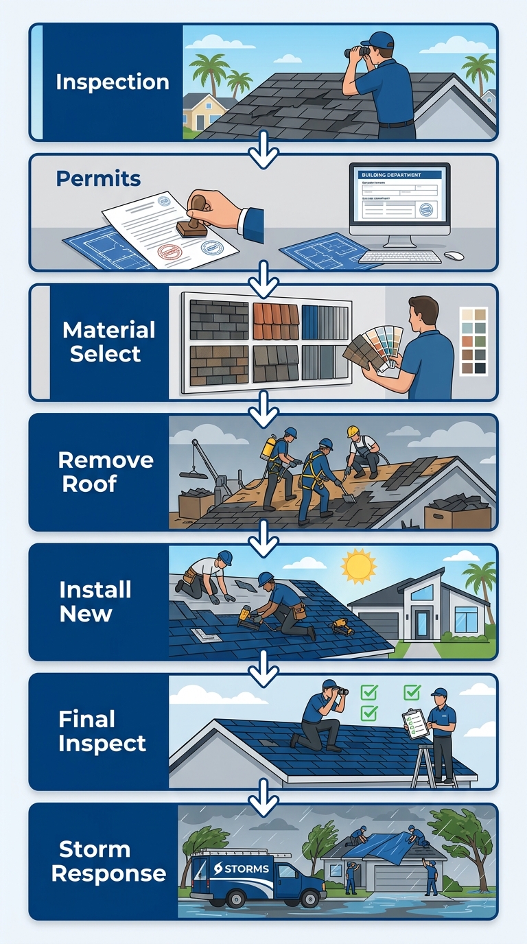 Vertical process flow diagram with seven steps for roof repair and replacement in Titusville, Florida, including inspection, permits, material selection, removal, installation, final inspection, and emergency storm response.