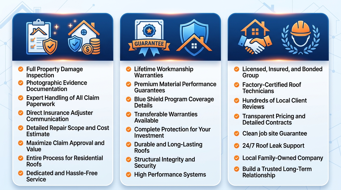 Infographic listing three benefits of hiring professional roofers in Titusville, Florida: insurance claim assistance and free estimates, quality workmanship and warranty protection, and peace of mind with a trusted roofing company