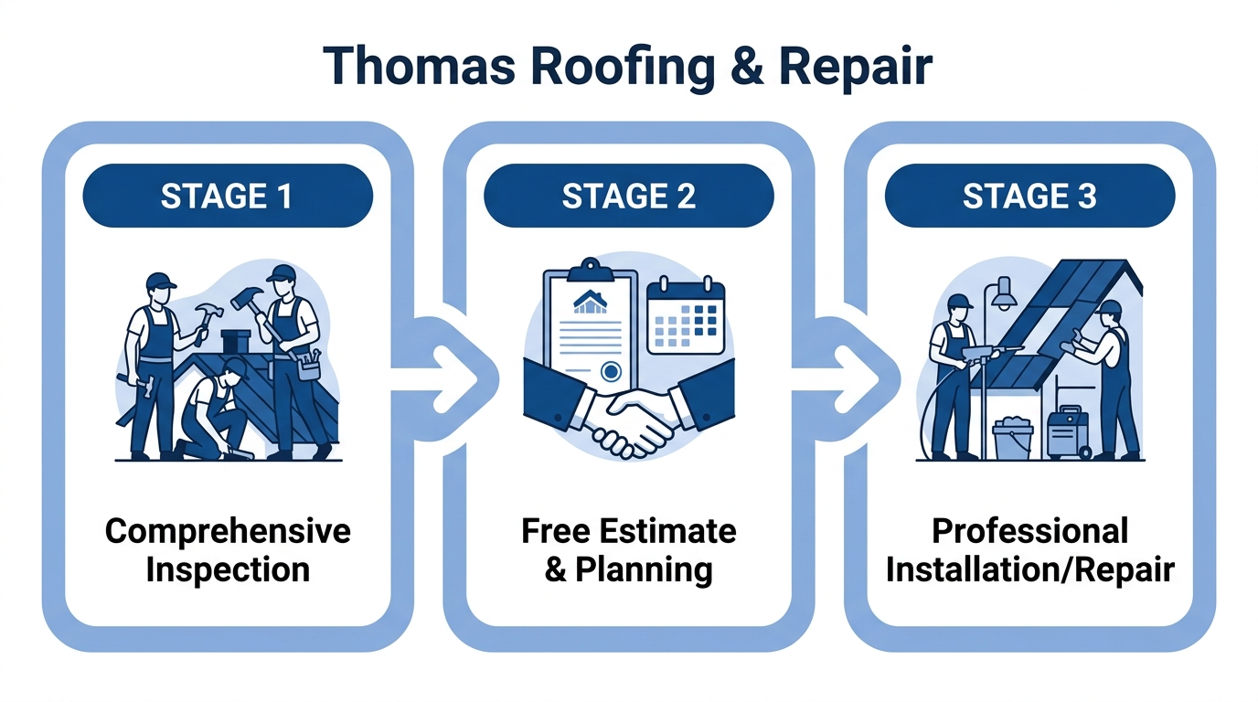 Horizontal process flow diagram showing three stages of a roofing project