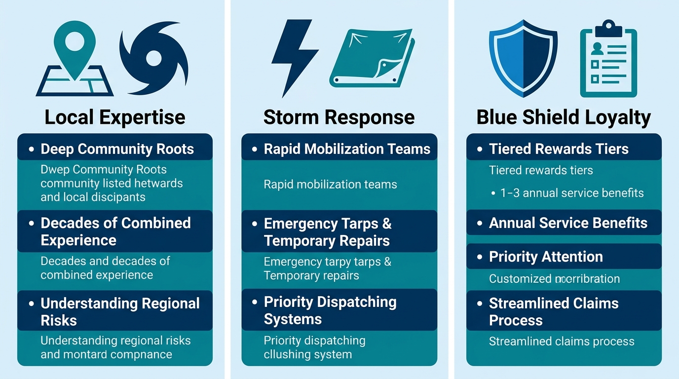 Three-column infographic comparing local expertise, storm response, and Blue Shield Loyalty benefits from Thomas Roofing & Repair in Melbourne.