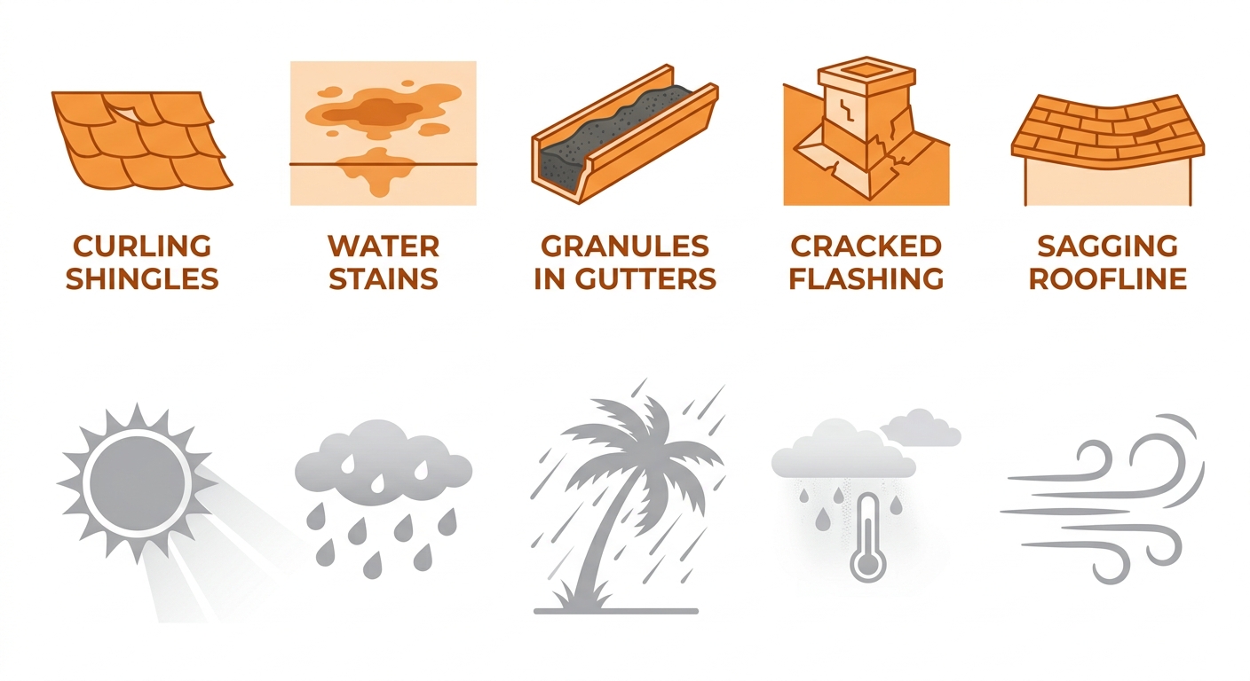 Educational infographic highlighting common signs of roof damage such as curling shingles and water stains alongside Florida weather stressors including intense sun, high humidity, and tropical storms