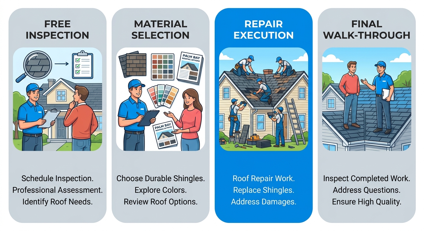 Horizontal process flow showing four stages of roof repair: free inspection, material selection, repair execution, and final walk-through.