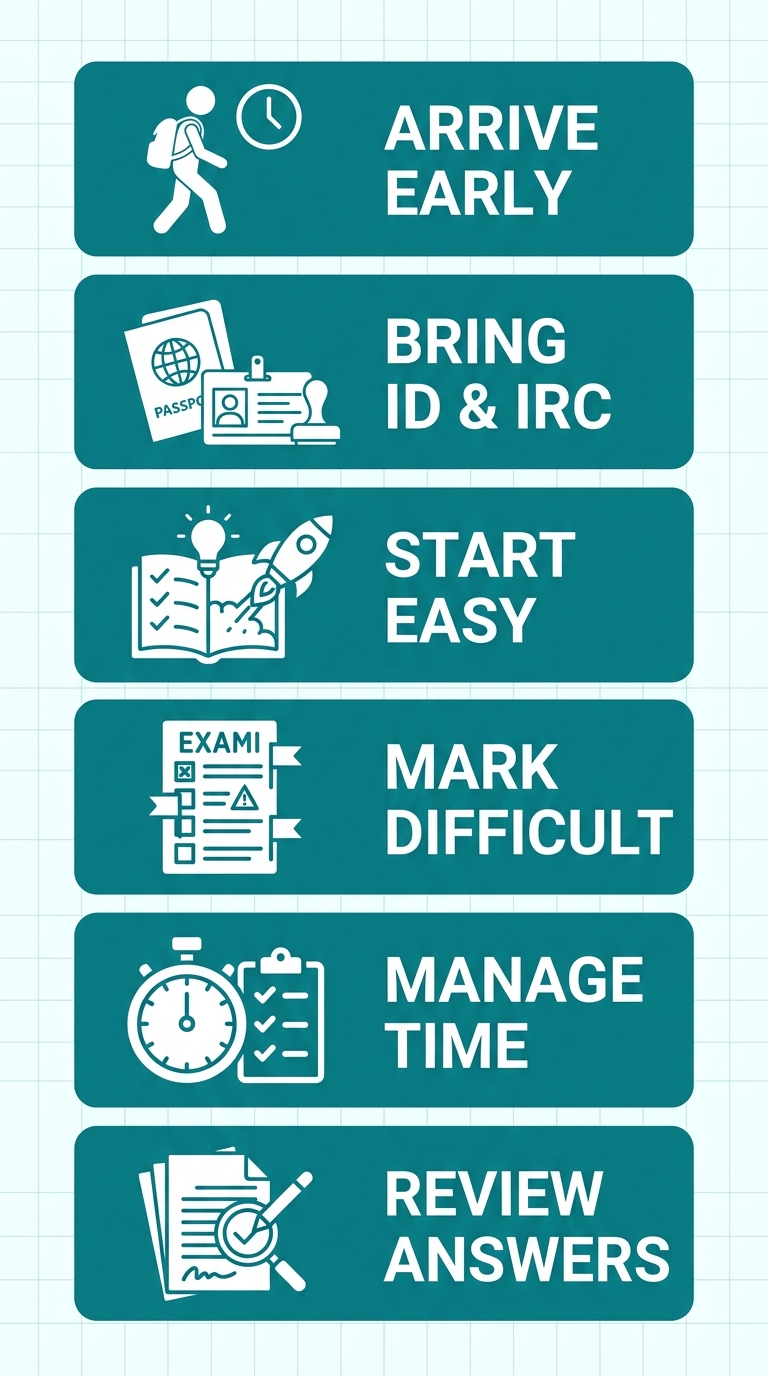 A vertical timeline process flow showing six test-day preparation steps with icons