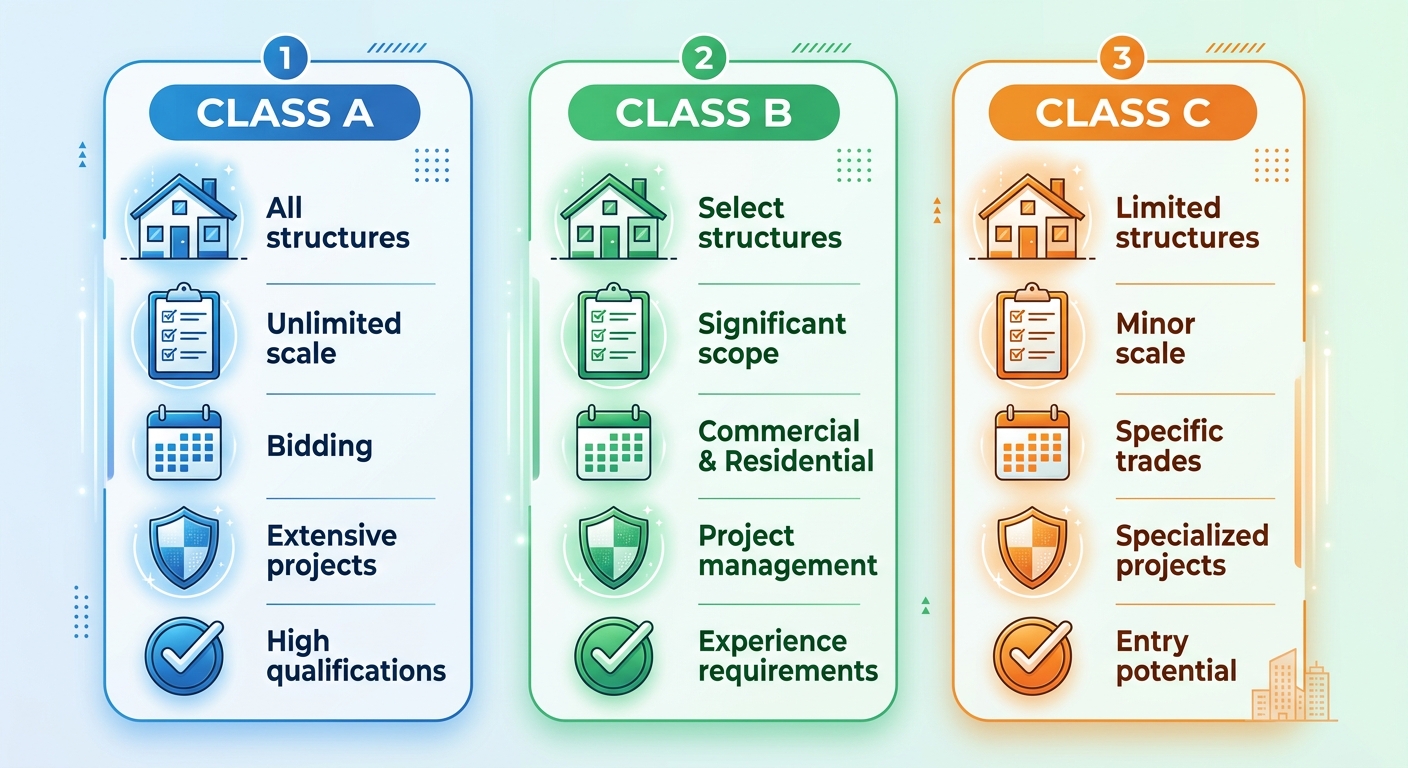 Three-column comparison infographic of Colorado construction license classes A, B, and C showing scope, exam, experience, insurance, and bond icons.