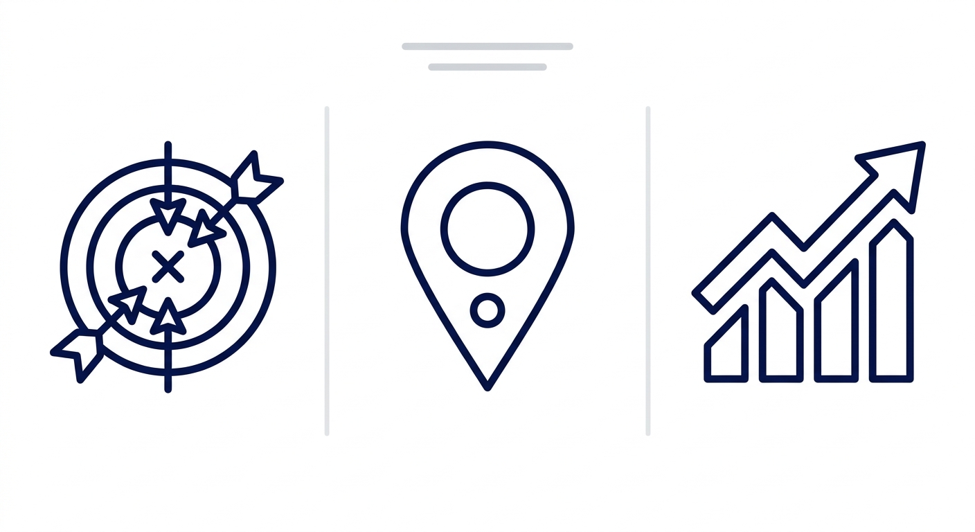 Three outlined icons in navy blue showing a target, map pin, and chart on white background with gray dividers